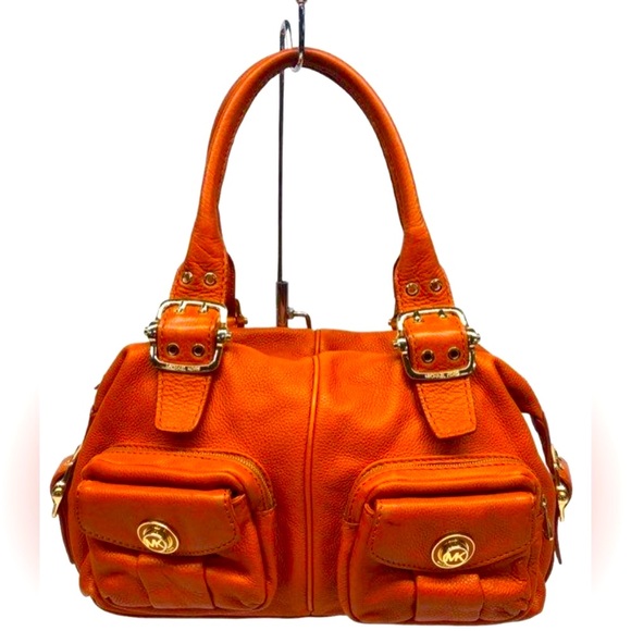 Michael Kors Orange Pebbled Leather Zip Top Satchel Shoulder Bag - Picture 1 of 15